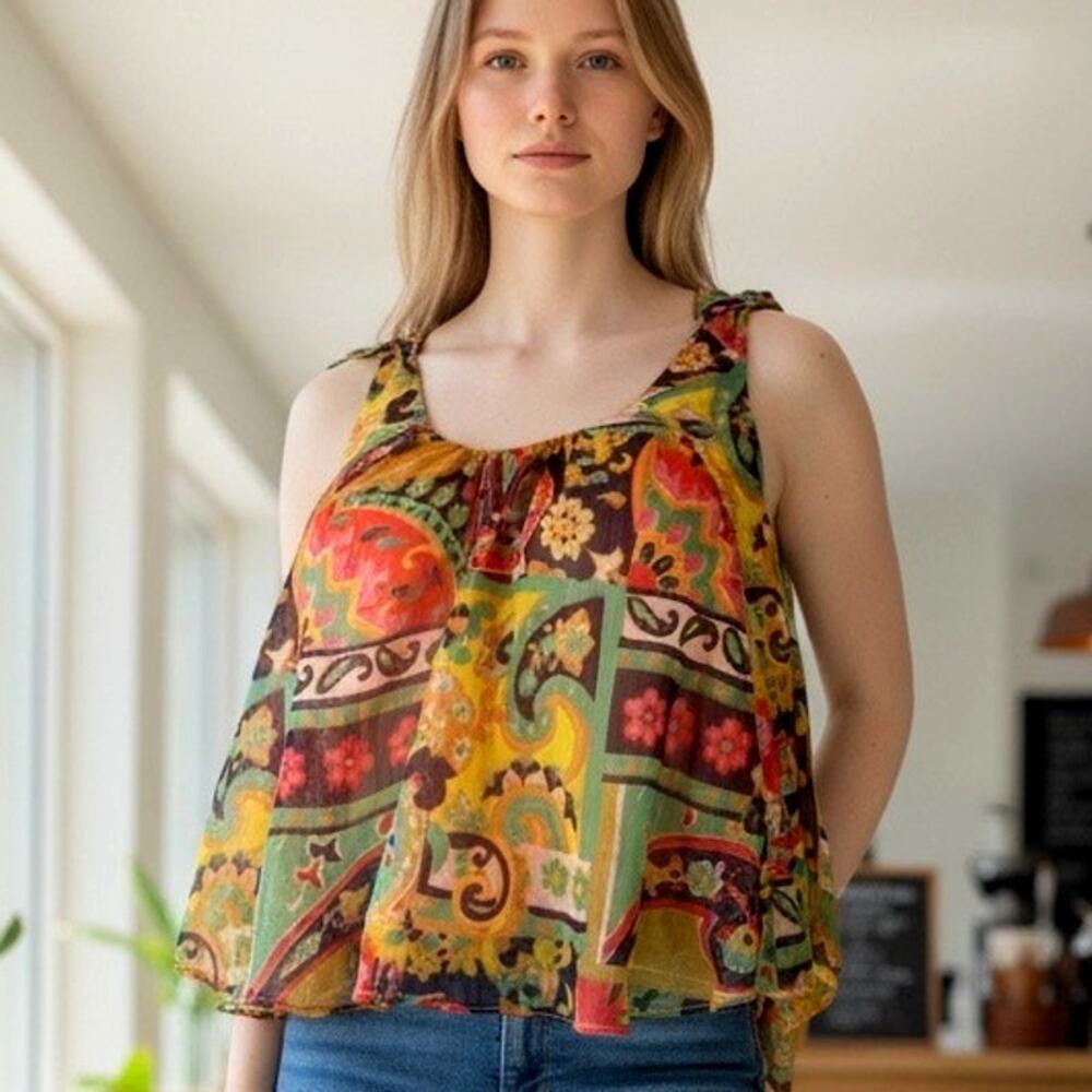 Free People Vibrant Semi Sheer Baby Doll Top